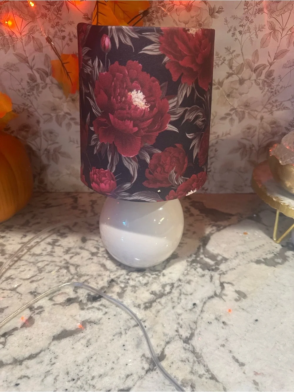 White Ceramic Table Lamp with Red Floral Shade - Unbranded